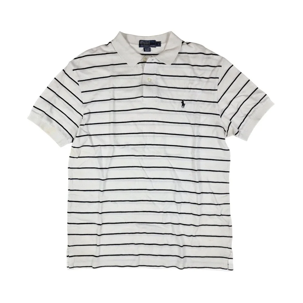 Polo Ralph Lauren White Black Pin Striped 1/4 Button S/Sleeve Polo Men's Size L